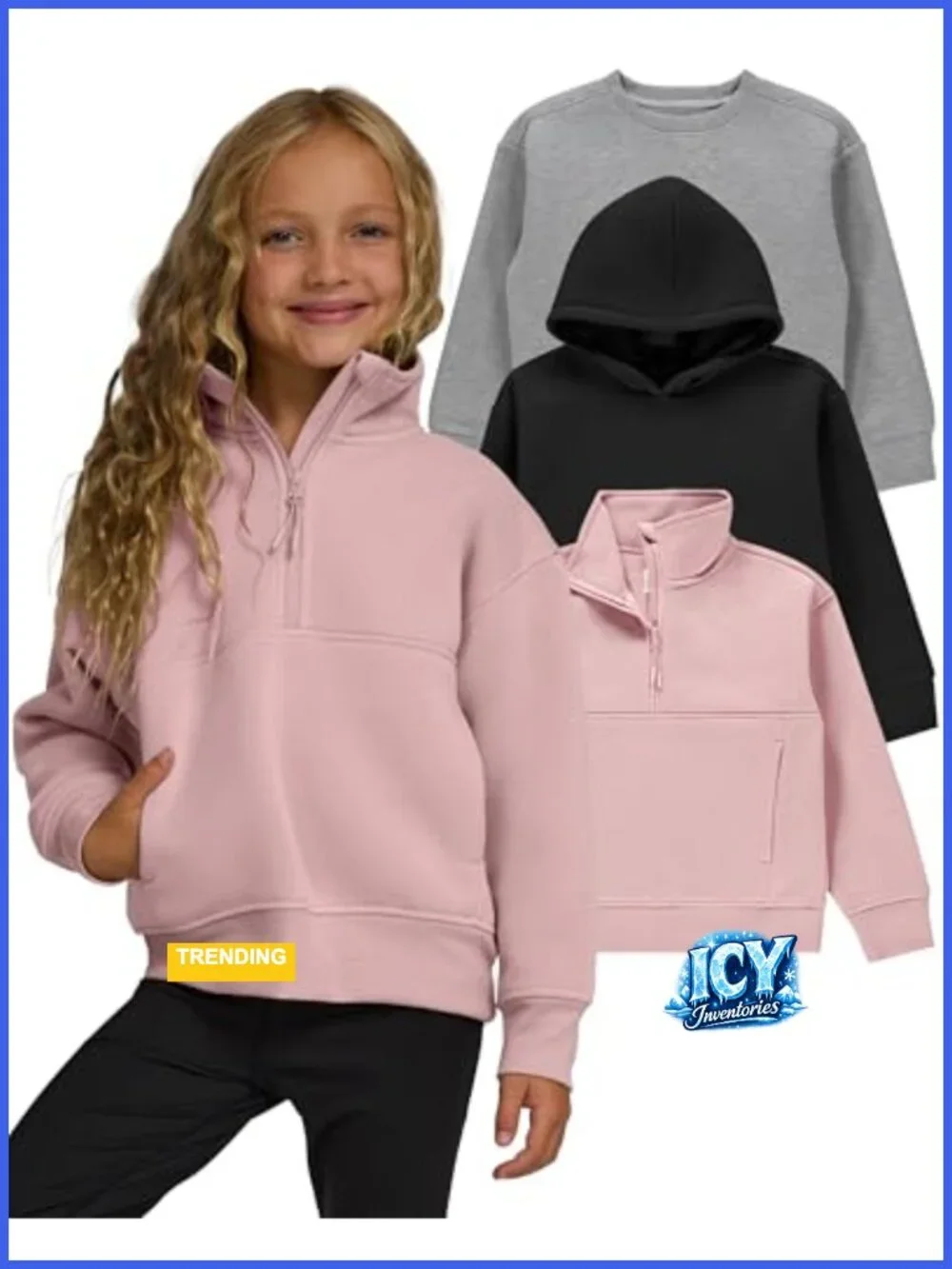 Girls Sweatshirt 3 Pack Fleece Hoodie Crewneck Quarter Zip Pullover